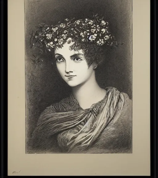 Prompt: black and white, portrait of a woman eyes in flowers, Gustave Dore lithography