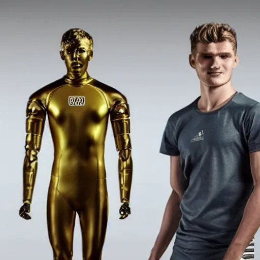 Image similar to a realistic detailed photo of a guy who is an attractive humanoid who is half robot and half humanoid, who is a male android, soccer players martin ødegaard & timo werner, shiny skin, posing like a statue, blank stare, in a living room, on display, showing off his muscles, gold soccer shorts, side view, repairing the other one