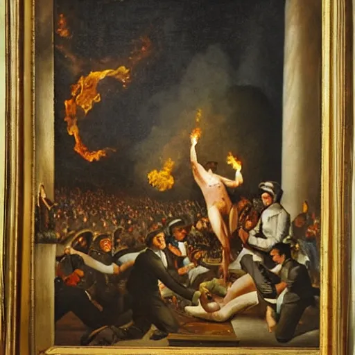 Prompt: classic painting of a man burning in the middle of an opera