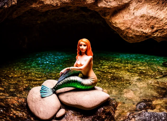 Image similar to fully clothed mermaid sitting on a rock in a river in an underground cave. fantasy magic style. highly detailed 8 k. intricate. lifelike. soft light. sony a 7 r iv 5 5 mm. cinematic post - processing