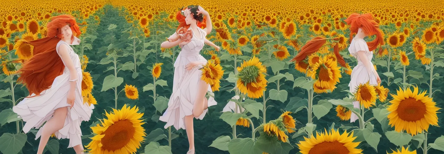 Prompt: beautiful young girl dancing in a fiery dress in a beautiful field of sunflowers and lilies, against the backdrop of futuristic buildings, classroom, in the style of studio ghibli, j. c. leyendecker, greg rutkowski, artgerm