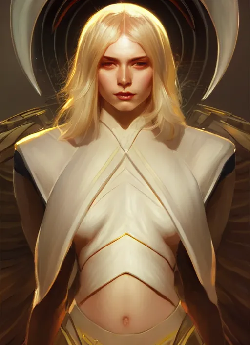 Image similar to Android Lucifer morningstar, slight smile, highly detailed, digital painting, artstation, concept art, sharp focus, illustration, art by wlop and J. C. Leyendecker and Edmund Bliar Leighton and Charlie Bowater