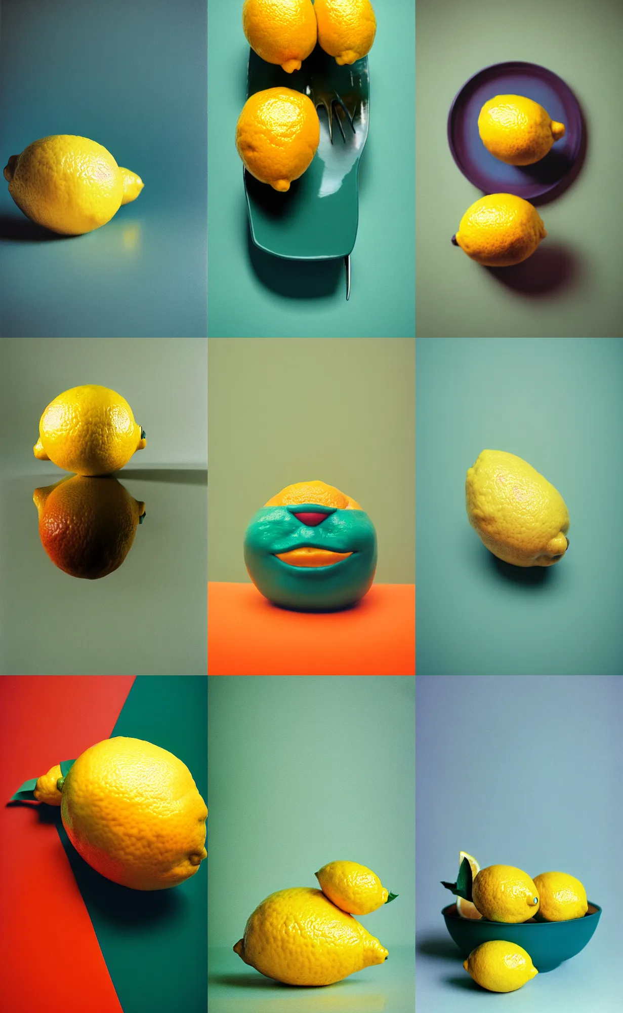 Image similar to kodak portra 4 0 0, 8 k, shot of a highly detailed, britt marling style, colour still - life portrait of a lemon looks like 1 9 9 9 joker, teal and orange, muted coloures