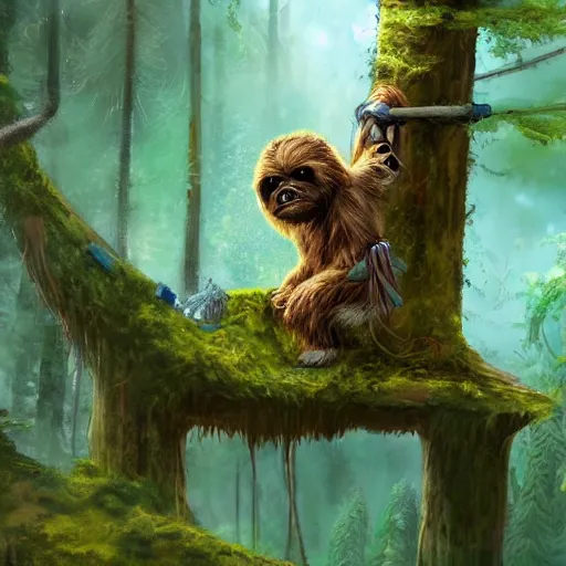 Image similar to adventurous ewok exploring the connected treehouses on top the tall wooded forest, artstation, colorful