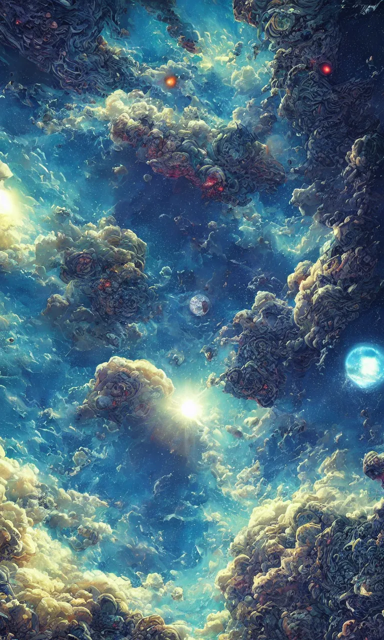 Prompt: life and death from space, the seventh planet, blue sky, clouds by android jones