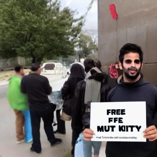 Prompt: photo of emad holding a sign saying free kittens