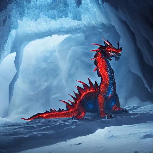 Prompt: a mysterious fire dragon in a ice cave, hyperrealistic, photorealistic, 4k, trending on artstation