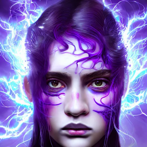 Image similar to detailed photo portrait of a furious teen girl with thin, hair-like purple tentacles on her head and bright purple eyes, 8k,by tristan eaton, Stanley Artgermm,Tom Bagshaw,Greg Rutkowski,Carne Griffiths,trending on DeviantArt, face enhance,hyper detailed ,full of colour, dramatic lightning