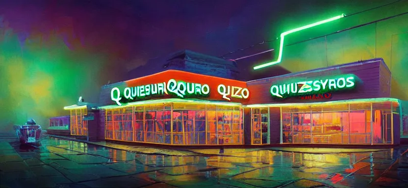 Prompt: beautiful masterpiece painting of a quiznos sandwich shop in a future radioactive glowing swamp, cryogenic day spa treatment, grunge cyberpunk, by Remedios Varo and Anato Finnstark and Greg Rutkowski, dayglo pink, dayglo blue, by Craig Mullins, ilya kuvshinov, krenz cushart, artgerm, 8k, trending on ArtStation