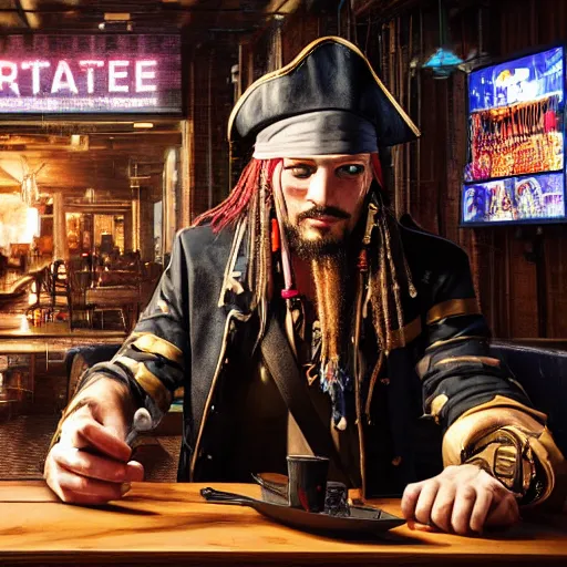 Image similar to a high quality portrait of a pirate in a cyberpunk cafe realism 8k