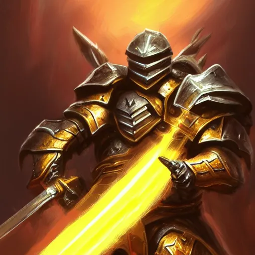 Prompt: A highly detailed matte acrylic painting of a heavily armored paladin wielding a very bright glowing gold sword, fighting in a huge battle at dusk, concept art, trending on artstation.