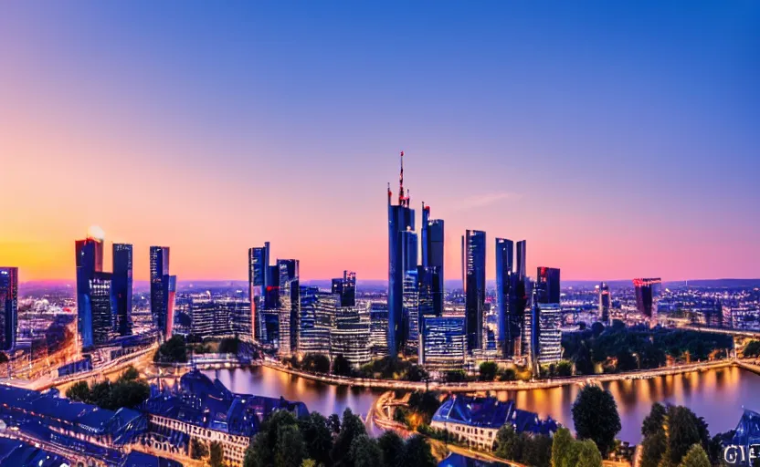 Image similar to frankfurt skyline at sunset, highly detailed, 8 k