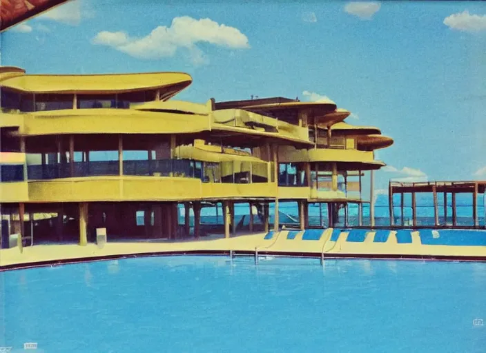 Image similar to pool at the beach. no people. nostalgic. 6 0 s styled art