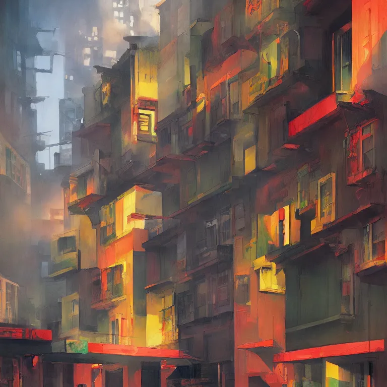 Image similar to honk kong slums in smoke, , painted by Edward Hopper, painted by James Gilleard, airbrush