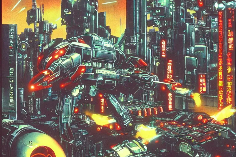 Image similar to 1 9 7 9 science fiction depicting mechwarrior in neo - tokyo. art by tim conrad and vic bonilla