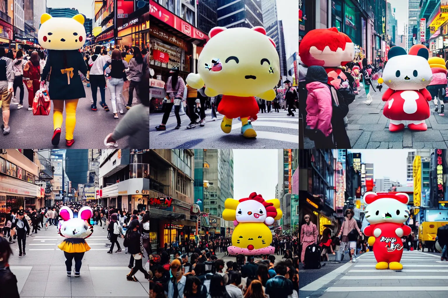 Prompt: angry Sanrio brand mascot is walking through the crowded street, editorial photograph, cinematic frame, there's something up I can feel it, soft palet