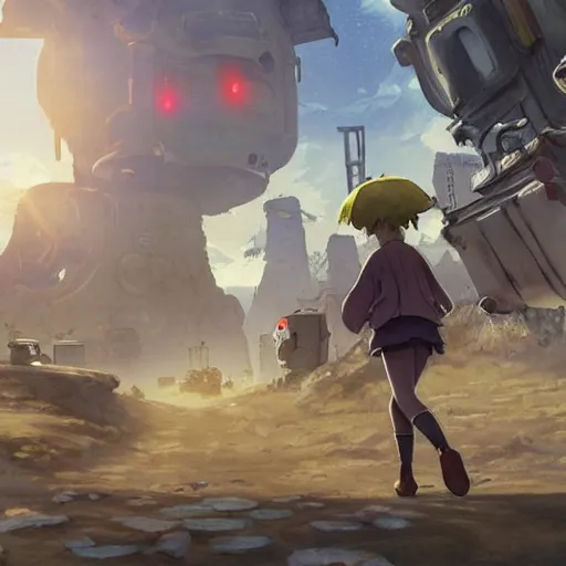 Image similar to incredible wide screenshot, ultrawide, simple watercolor, rough paper texture, made in abyss movie scene, backlit distant shot of girl in a parka running from a giant robot invasion side view, yellow parasol in deserted dusty shinjuku junk town, broken vending machines, bold graphic graffiti, old pawn shop, bright sun bleached ground, mud, fog, dust, windy, scary robot monster lurks in the background, ghost mask, teeth, animatronic, black smoke, pale beige sky, junk tv, texture, dusty, dry, pencil marks, genius party,shinjuku, koji morimoto, katsuya terada, masamune shirow, tatsuyuki tanaka hd, 4k, remaster, dynamic camera angle, deep 3 point perspective, fish eye, dynamic scene