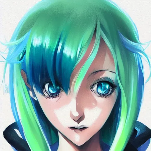 Image similar to portrait of anime pixie character with blue to green gradient hair, elegant, highly detailed, digital painting, artstation, concept art, sharp focus, illustration, strong brush stroke, anime, sharp focus, ghibli studio, art by ilya kuvshinov, rossdraws