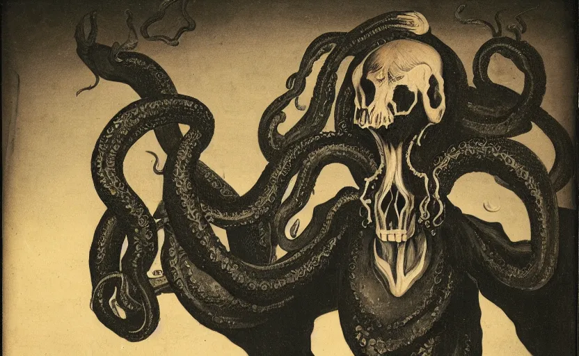 Image similar to a figure dressed in black robes with tentacles for arms, wearing a mask in the shape of a cow Skull