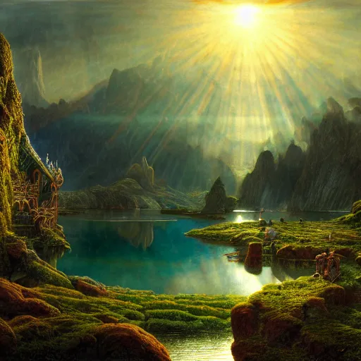 Image similar to a beautiful and highly detailed matte painting of the lost land by a beautiful lake, bright sunlight, celtic, psychedelic, epic scale, insanely complex, hyperdetailed, sharp focus, hyperrealism, artstation, cgsociety, 8 k, bright colors, by caspar friedrich, albert bierstadt, james gurney, brian froud,