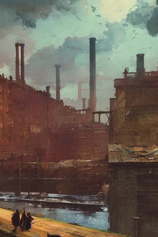 Prompt: Victorian factory by the river Thames painted by Beeple, grimshaw, thomas cole, ismail inceoglu, winslow homer, greg rutkowski, gerald brom, marc simonetti, simon stalenhag, anton fadeev, donglu yu