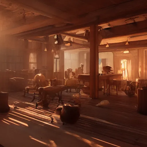 Prompt: Interior of a western style trade spot, 4k, artstation, cgsociety, cinematic lighting