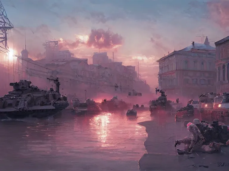 Image similar to city of syzran!!!, militaristic!!!, romantic!!!, hyperrealistic, highly detailed, cinematic, pink sunlight!, beautiful, cgssociety, artstation, 8 k, oil painting by greg rutkowski, by artgerm, by wlop