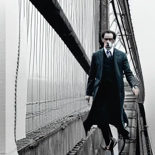 Prompt: Candid portrait photograph of Professor Moriarty about to jump off a bridge, taken by Annie Leibovitz