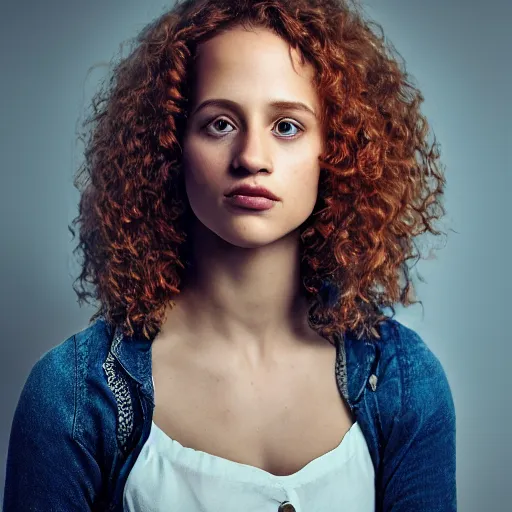 Image similar to Curly ginger hair Alicia Vikander, realistic, photo studio, HDR, 8k, trending on artstation