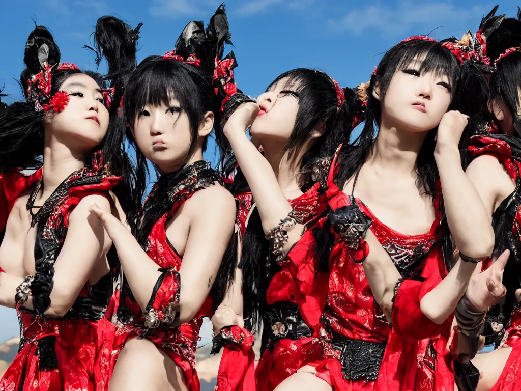 Image similar to babymetal 3 beautiful members performing on a tropical beach beautiful scenery, highly detail face, dynamic pose, High Definition detail, 8K, photography