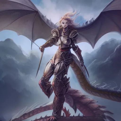 Prompt: breathtaking detailed concept art drawing of teenage girl in armor standing on the back of a dragon, art stand trend, very bright lights, ultra wide angle, 4 k