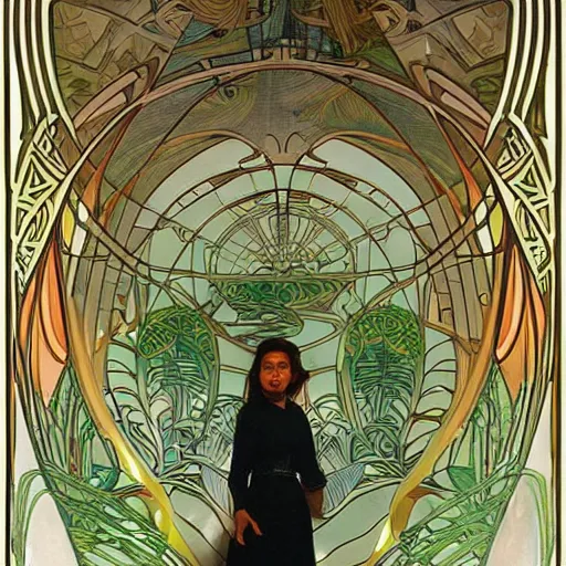 Image similar to old photo overgrown zaha hadid alphonse mucha spaceship symmetry godraysruins in jungle sunlight