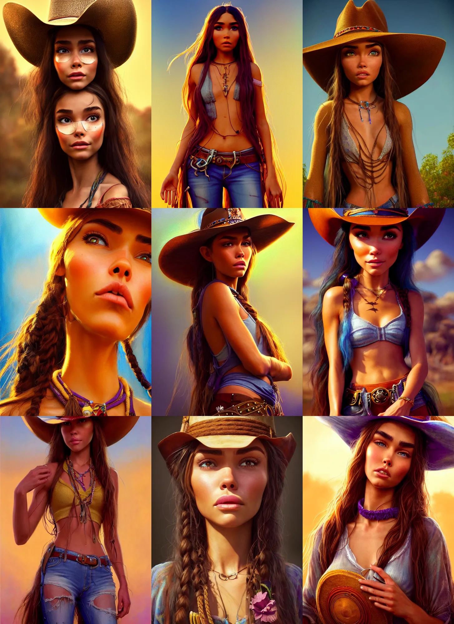 Prompt: polished sweaty hippie cowgirl : : madison beer : : weta disney pixar movie still portrait photo : : hi - fructose, straps, sci fi, fantasy, decadent highly - detailed digital painting, golden ratio, octane render, artstation, smooth, sharp focus, artgerm, mucha, loish, wlop : :