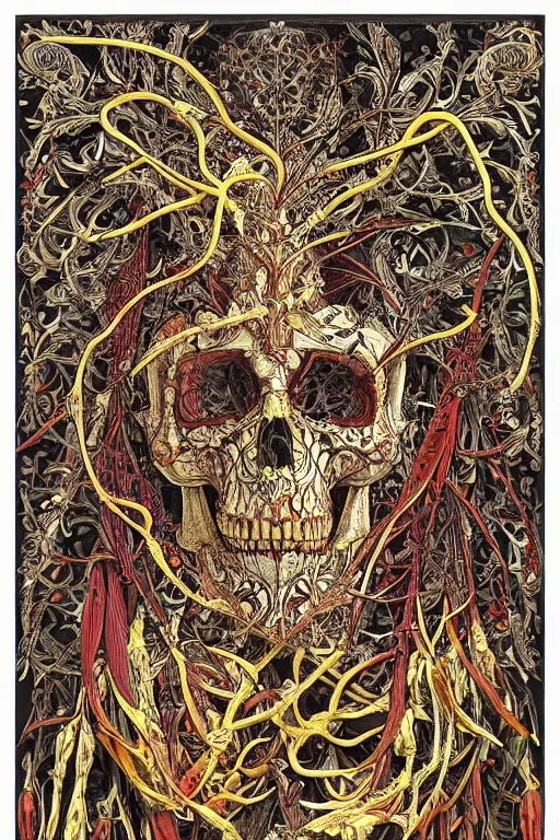 Image similar to intricate anatomical skeleton of a crow, crow skull, background consists of interwoven varities of superhot chili peppers, entanglement, -no human, bhut jolokia, carolina reaper, trinidad scorpion, voronoi, fibonacci sequence, leaves, by Moebius,Alphonse Mucha, peter mohrbacher, hiroshi yoshida, Art Nouveau, cgsociety, concept art, tweed colour scheme, psychedelic, complementary colour scheme, 3d