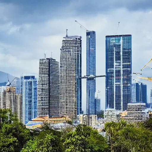 Prompt: a giant building of jengas on a city skyline, beautiful photo