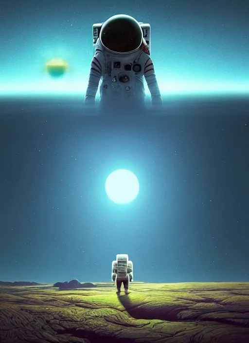 Image similar to a lonely astronaut overlooking at an amazing alien landscape and the universe, digital art, breathtaking, golden ratio, extremely detailed, establishing shot, hyperrealistic, cinematic lighting, particles, unreal engine, simon stålenhag, rendered by Beeple, Makoto Shinkai, syd meade, simon stålenhag, Ruan Jia, Kentaro Miura, environment concept, artstation, octane render, 4K UHD image