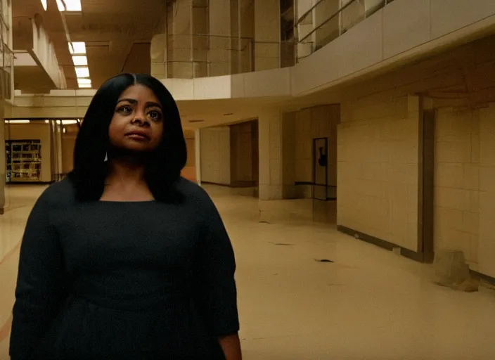 Image similar to cinematic shot of octavia spencer in an abandoned mall, iconic scene from the paranoid thriller sci fi film directed by stanley kubrick, 2 4 mm anamorphic lens, moody strange cinematography, beautiful composition, color theory, leading lines, photorealistic, moody volumetric lighting