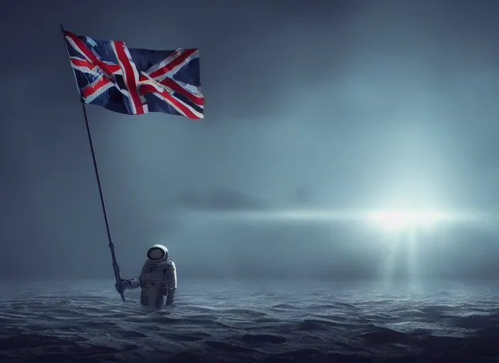 Image similar to astronaut holding a flag in an underwater desert. a submarine is visible in the distance. dark, concept art, cinematic, dramatic, atmospheric, 8 k, trending on artstation, blue, fish, low visibility, fog, ocean floor, christopher nolan, interstellar