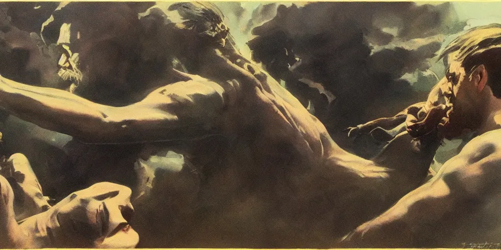 Prompt: Concept Art of cinematography of Terrence Malick film by Frank Frazetta