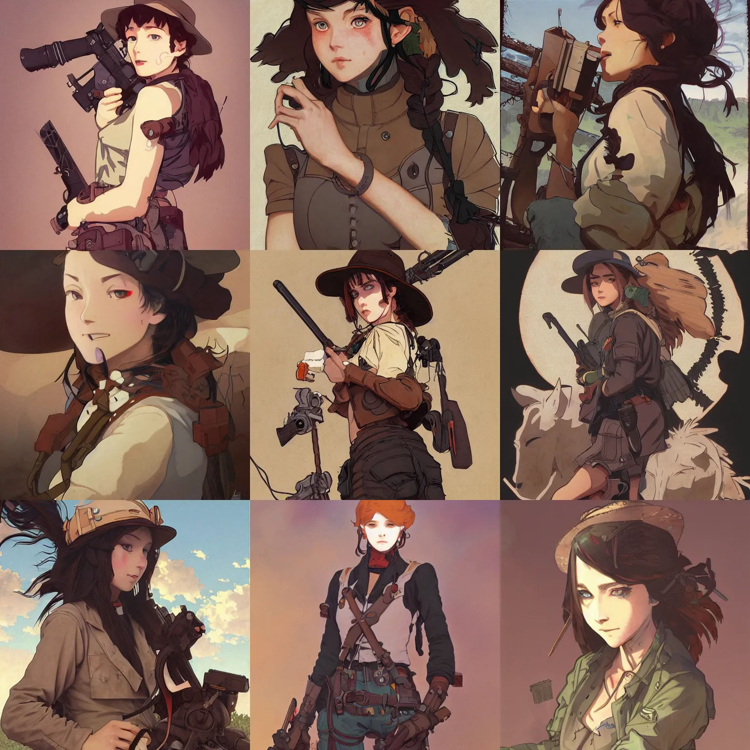 Prompt: post - apocalyptic cowgirl, finely illustrated face, highly detailed, colored pencil, studio ghibli, tankobon, in the style of ilya kuvshinov and krenz cushart and william - adolphe bouguereau and alphonse mucha