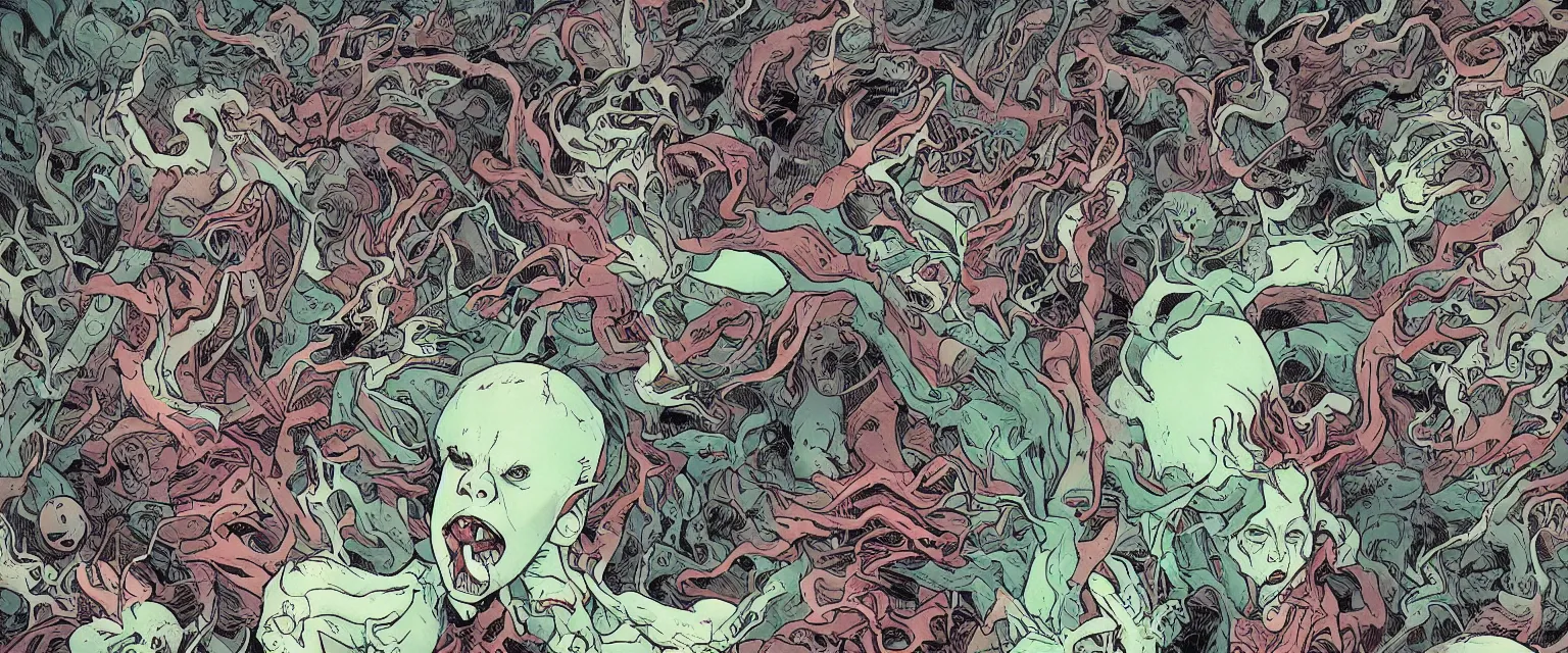 Prompt: woman screaming nightmare alien invasion attacking earth the end of the world, story illustration art green colors by james jean