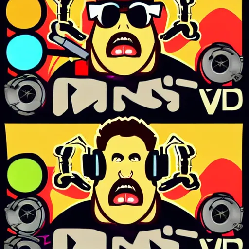 Image similar to svg vector sticker of absolutely insane-mad-scientist-villain, rocking out, wearing headphones, huge speakers, dancing, rave, DJ, spinning records, digital art, amazing composition, rule-of-thirds, award-winning, trending on artstation, featured on deviantart