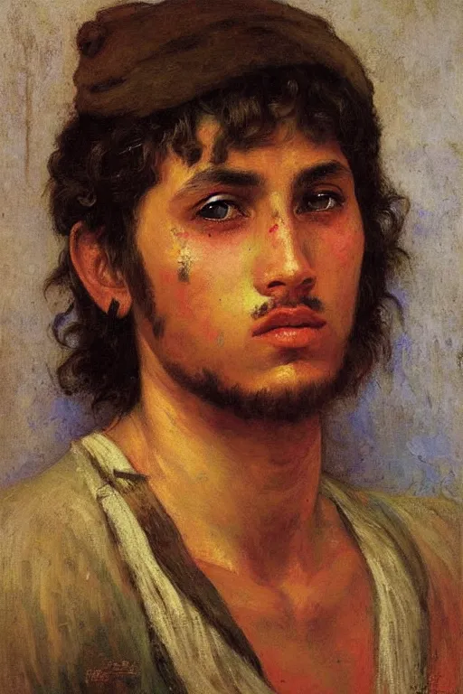 Image similar to Portrait of a young mascular gypsy man magucian, by victor Nizovtsev, bouguereau