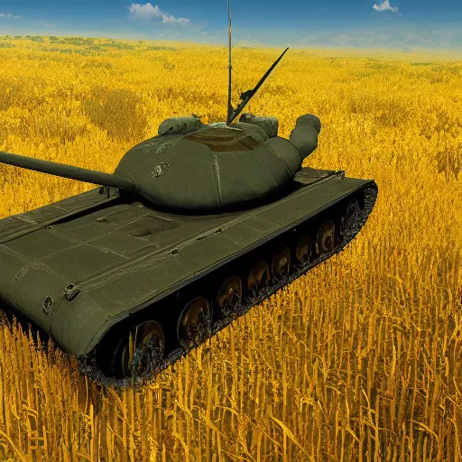 Image similar to a high resolution very detailed image of russian tank final boss battle from nier : automata in yellow rye field under pure blue skies