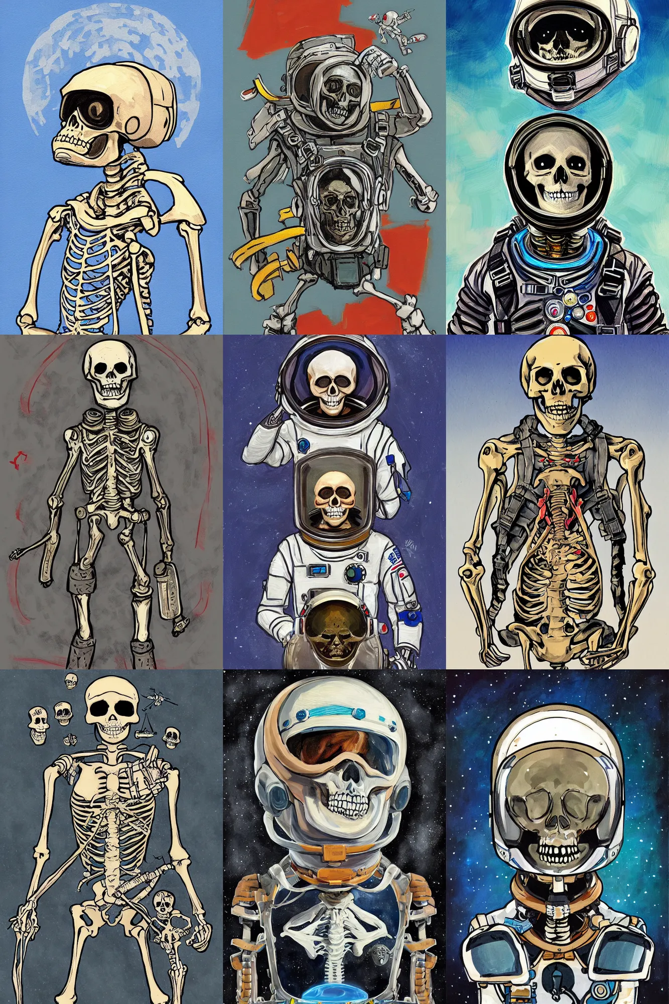 Prompt: portrait of an skeleton astronaut in the style of normal rockwell, breath of the wild