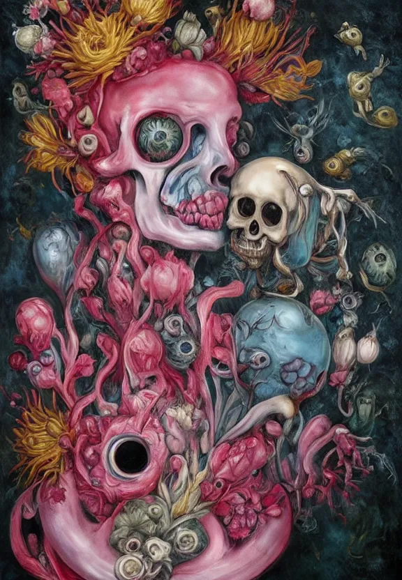 Image similar to a biomorphic painting of a vase with flowers and eyeballs, a surrealist painting by marco mazzoni, by dorothea tanning, pastel blues and pinks, lips, melting, plastic, skull, bees, trending on artstation, metaphysical painting, oil on canvas, fluid acrylic pour art, airbrush art, seapunk, rococo, lovecraftian