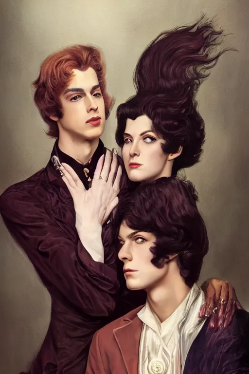Prompt: a portrait of handsome young male 1960s glam rock star and his elegant beautiful glam witch wife, bored, illustration, dramatic lighting, soft details, painting oil on canvas, art nouveau, octane render, HDR, 4k, 8k, HD, by Edmund Blair Leighton, Brom, Charlie Bowater, trending on artstation, faces by Tom Bagshaw, Sargent