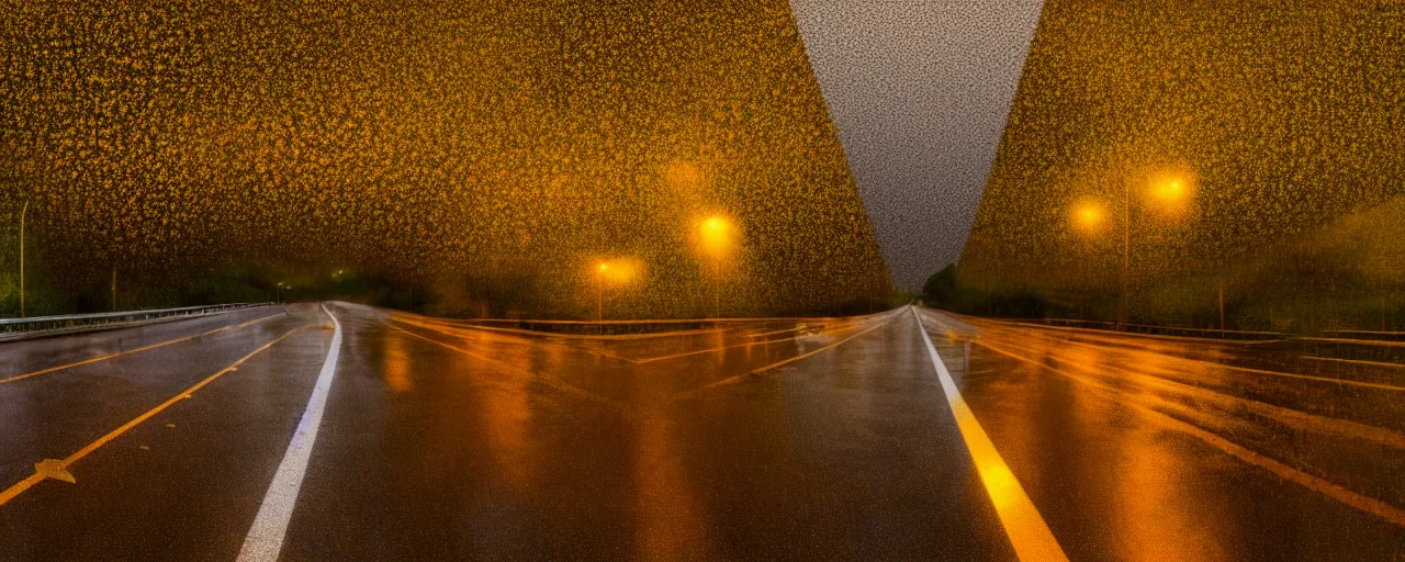 Image similar to at night, it is raining in the sky, a large road extends into the distance, the leaves on both sides of the road are yellowed by the street lights, tranquility, film texture, super fine, 8 k