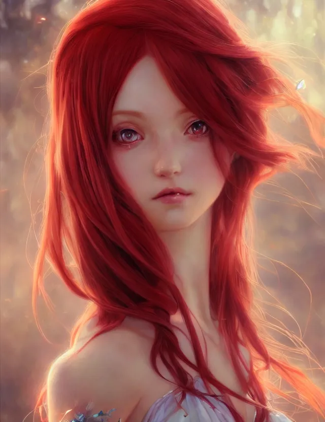 Image similar to beautiful fairy girl, close - up, with red hair, wonderful eyes, anime!!, fantasy, over - detailed, elegant, intricate, dynamic lighting, hyperrealism, digital art, digital painting, artstation, wlop, clear focus, illustration, works by artgerm, greg rutkowski and alphonse mucha, 8 k