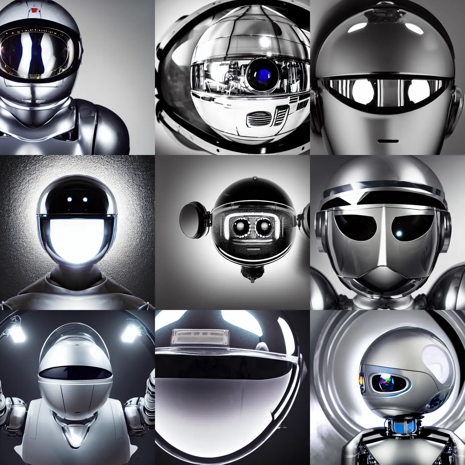 Prompt: a robot cyborg with a big shiny spherical reflective glass helmet, looking straight at the camera. close-up, 12mm wide-angle, monochrome, high contrast, lit by two big softboxes